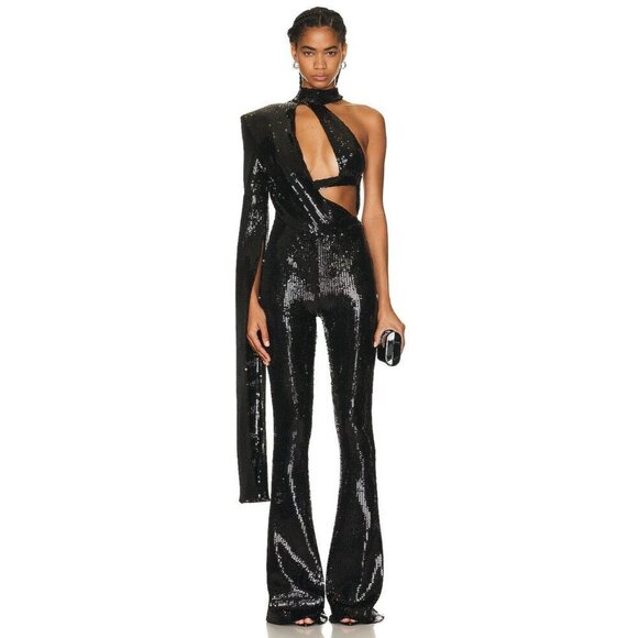 David Koma Asymmetric Bra Sequin Jumpsuit in Black 6 New Womens Dressy Outfit - Picture 1 of 12